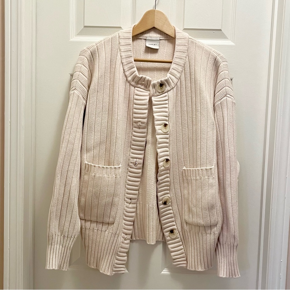 Varley Pensdale Relaxed Knit Jacket Egret Blush Ivory Ribbed Cardigan L - Picture 8 of 15